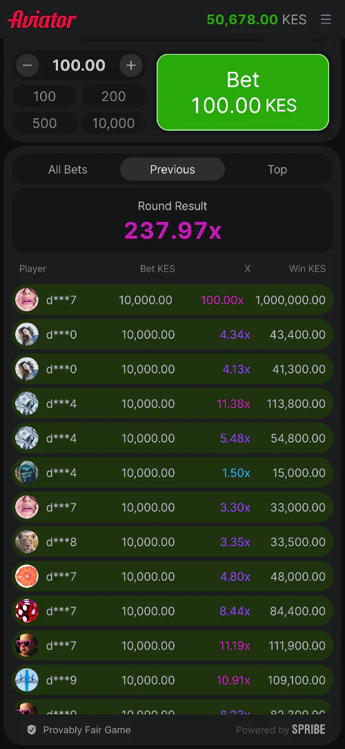 Betting statistics for the previous round in the Aviator app